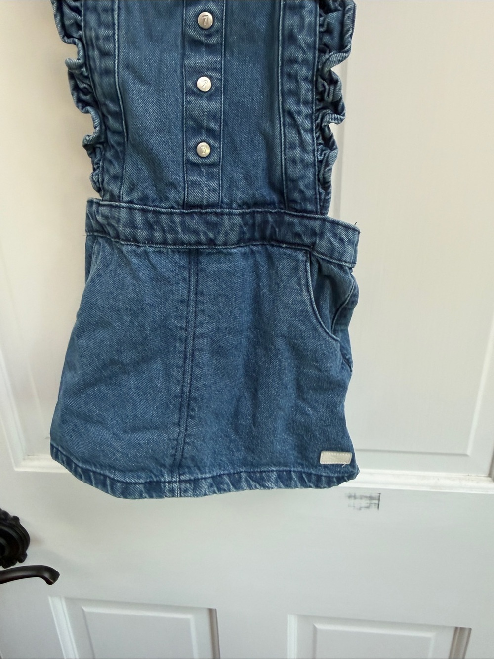 7 For All Mankind Girls 4T Denim Ruffle Sleeveless Overall Dress Romper- Blue - Picture 4 of 8